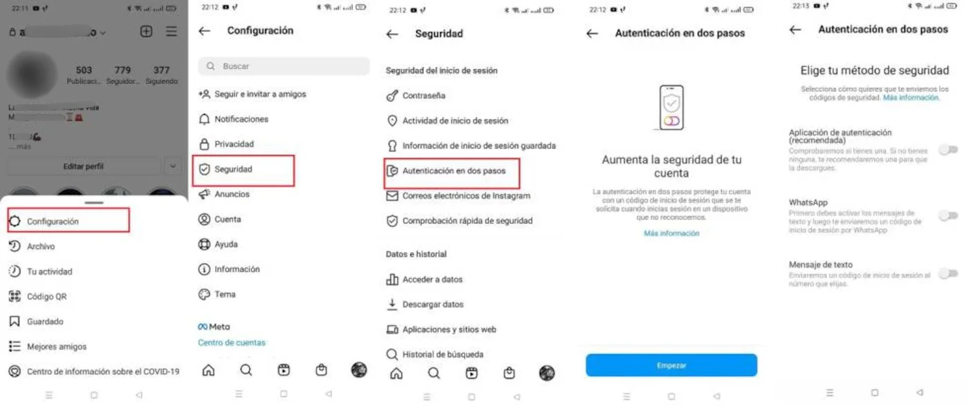 Pasos para activar la autenticación en dos pasos en Instagram: Configuración, Seguridad, Autenticación en dos pasos y elegir el método