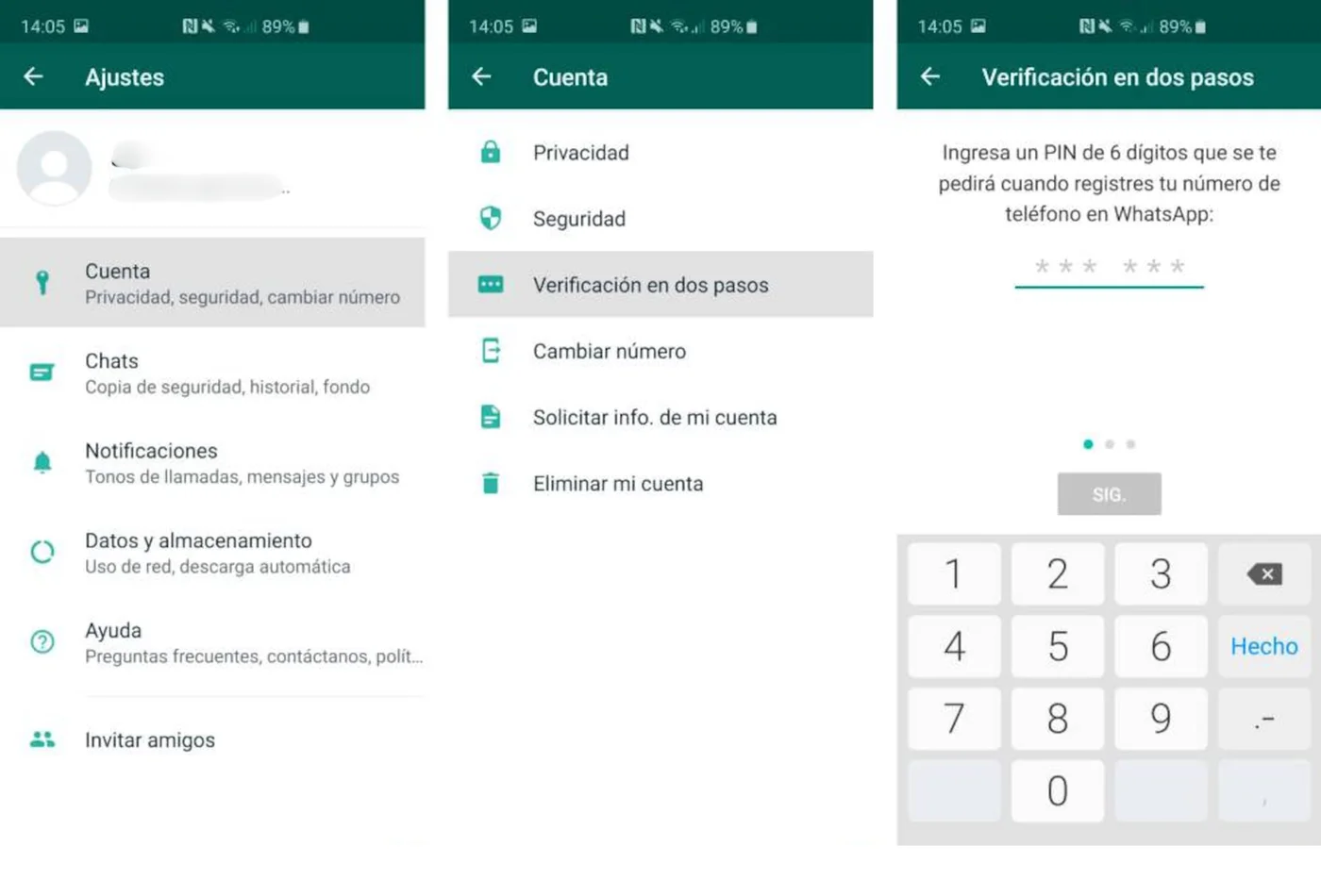 Pasos para activar la verificación en dos pasos en WhatsApp: Ajustes, Cuenta y crear un PIN de seis dígitos