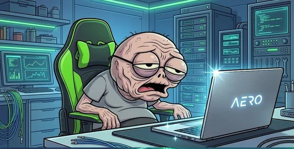 Ilustración humorística de un hombre agotado frente a una notebook Gigabyte Aero