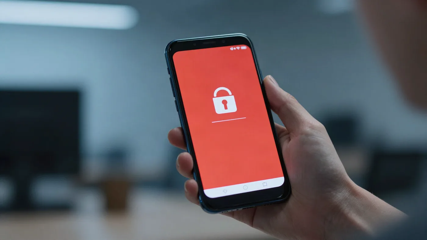 Mano sosteniendo un celular Android con una alerta de seguridad roja en pantalla