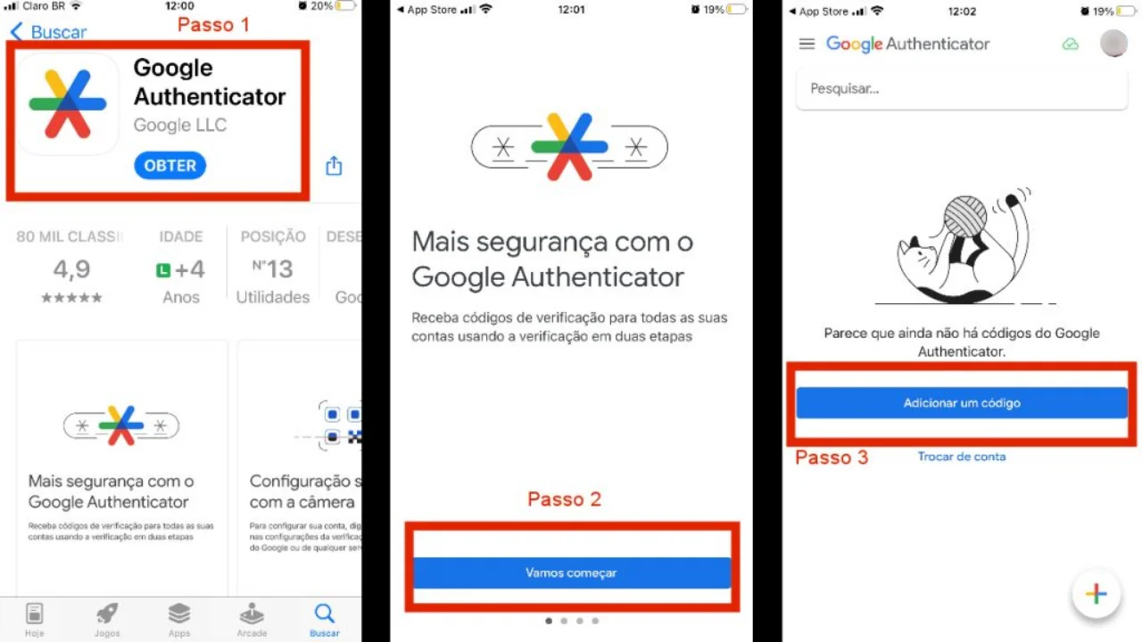 Pasos en iPhone para instalar Google Authenticator desde la App Store, abrirlo y agregar un código