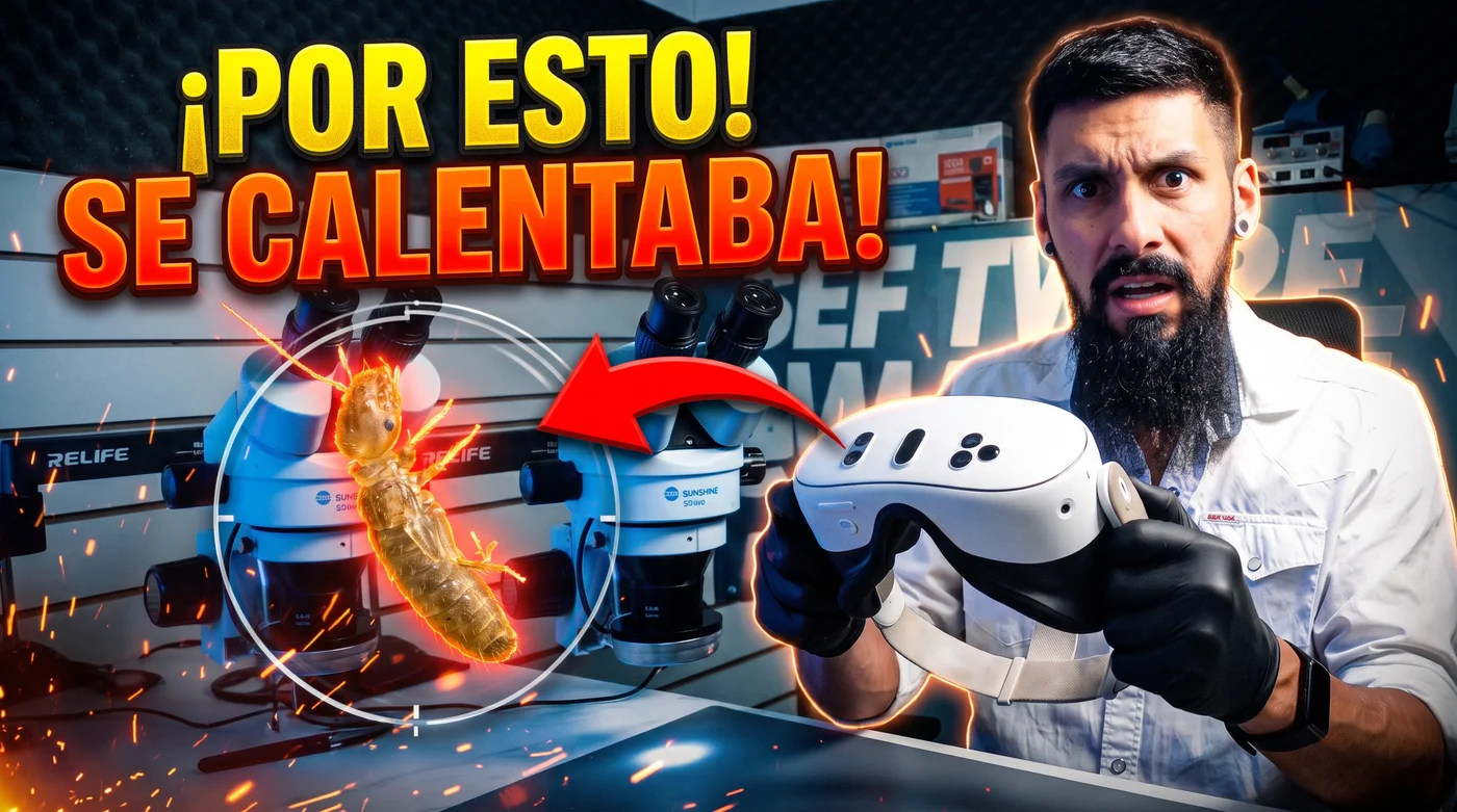 Matías Rios sostiene un Meta Quest 3S en el laboratorio de TeoTec, con un insecto visto al microscopio señalado con una flecha