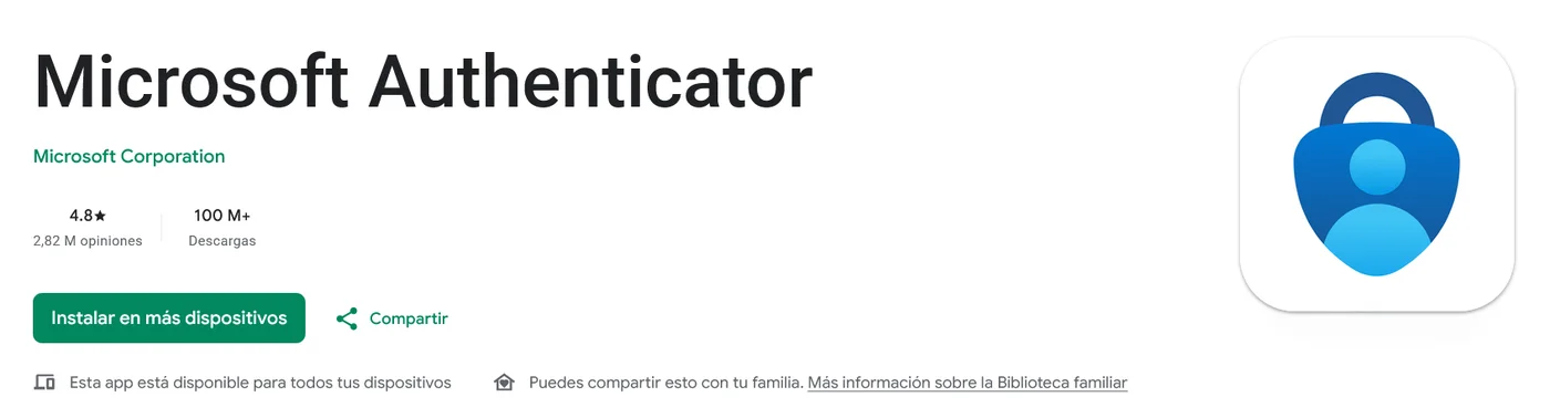 Ficha de Microsoft Authenticator en Google Play con el desarrollador Microsoft Corporation, 100 millones de descargas y 4,8 estrellas