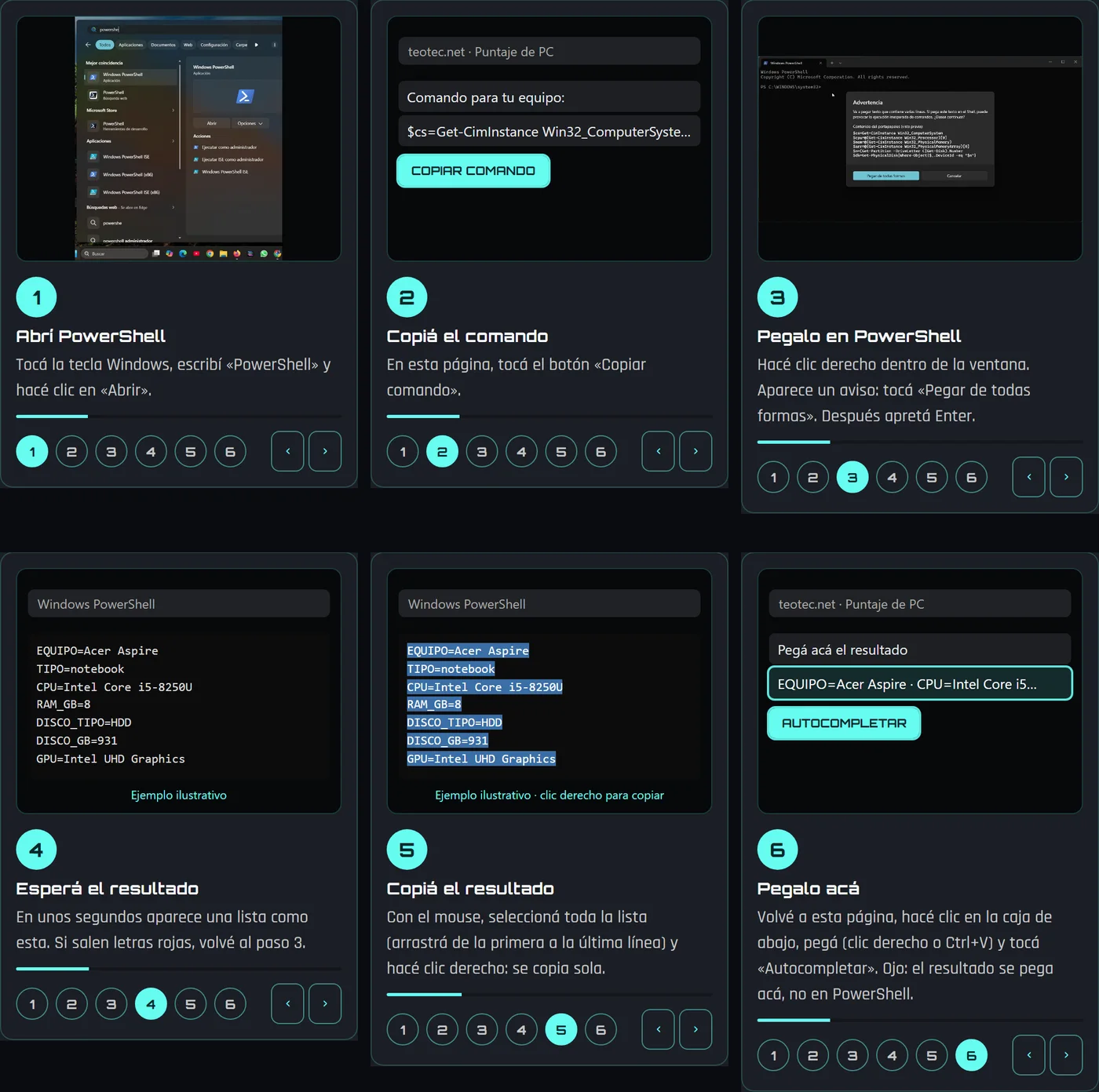 Guía del modo rápido del Puntaje de PC en 6 pasos: abrir PowerShell, copiar el comando, pegarlo, esperar el resultado, copiarlo y pegarlo en la página