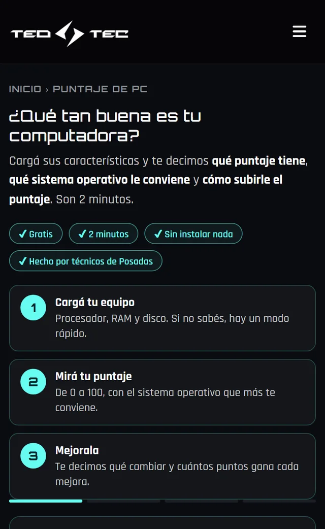 Página del Puntaje de PC: gratis, 2 minutos, sin instalar nada y los tres pasos: cargá tu equipo, mirá tu puntaje y mejorala