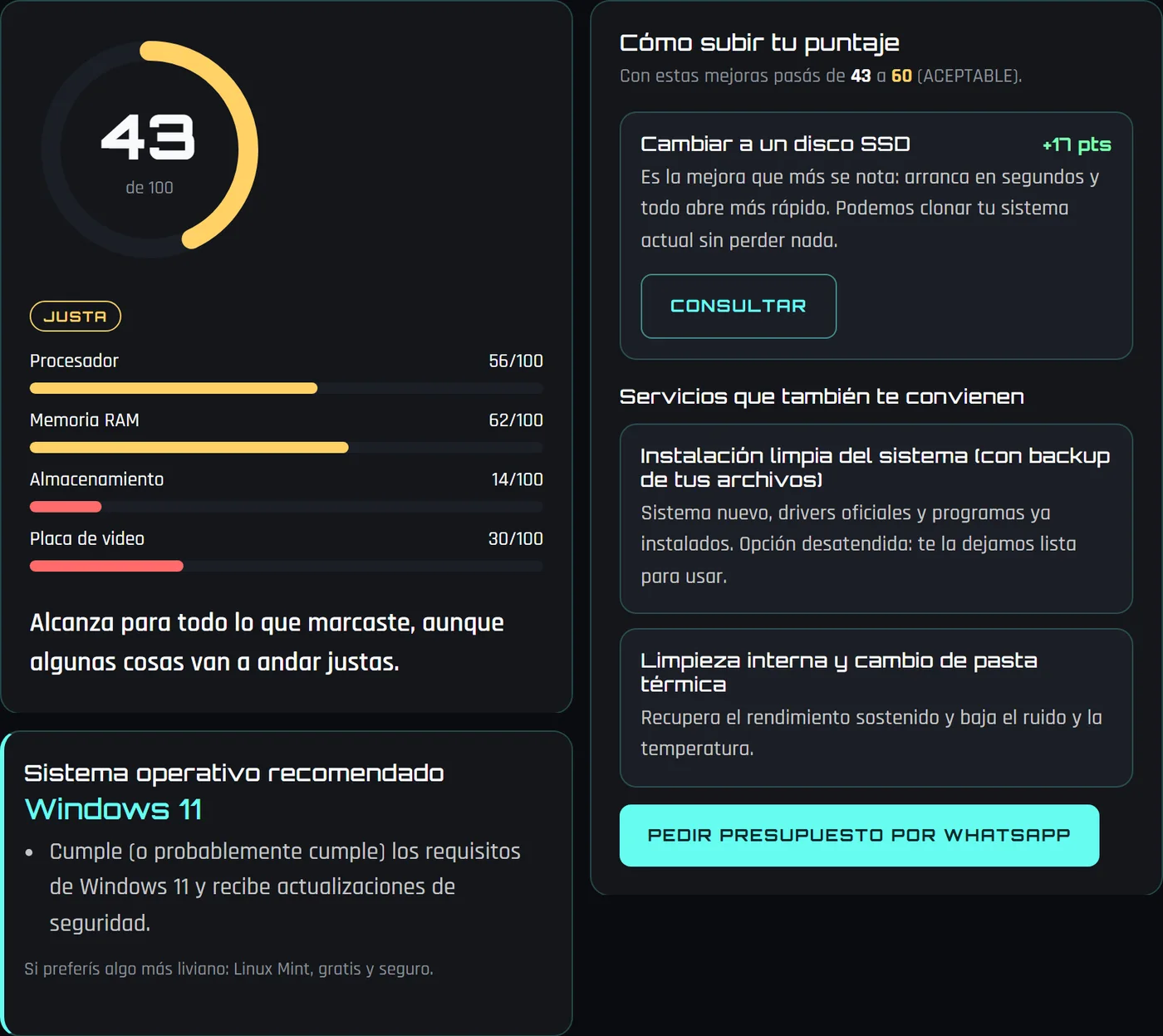Resultado del Puntaje de PC: 43 de 100, sistema recomendado y plan de mejora con cambio a disco SSD