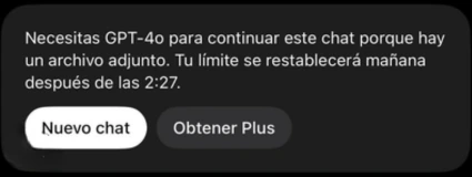 Captura de ChatGPT: aviso de que el límite se restablecerá mañana, con los botones Nuevo chat y Obtener Plus