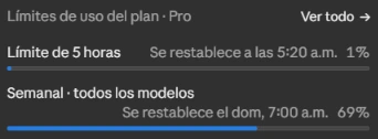 Captura de la app de Claude: límites de uso del plan Pro, con el límite de 5 horas y el semanal